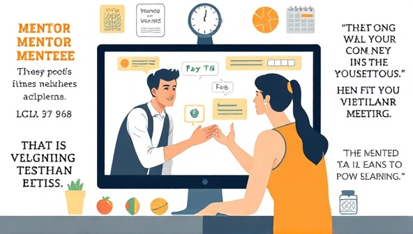 An inspiring visual representation of a mentor and mentee engaging in a virtual meeting, sharing insights and advice on a digital screen, surrounded by fitness-related imagery and motivational quotes, fostering a sense of growth and learning in the fitness community.