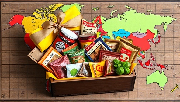 An enticing image of a colorful array of exotic snacks from different countries arranged in a beautifully crafted box, accompanied by a world map highlighting the snack origins, conveying a sense of adventure and cultural exploration.