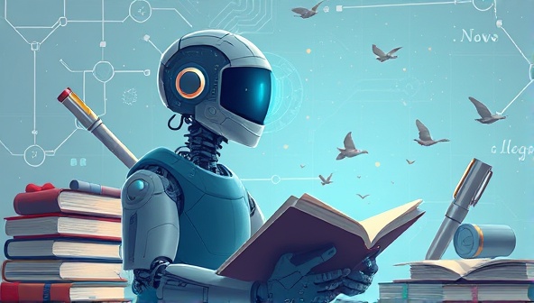 An imaginative illustration of a futuristic AI assistant hovering over a writer's shoulder, whispering writing suggestions, surrounded by a variety of literary elements like books, pens, and scrolls, symbolizing creativity and innovation.