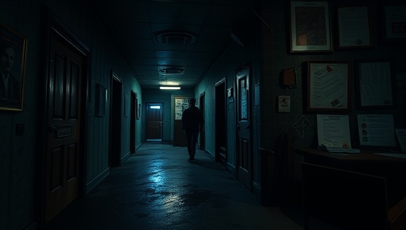An atmospheric virtual mystery setting with shadowy corridors, hidden clues, and a mysterious figure leaving behind cryptic messages, setting the stage for an immersive and suspenseful detective challenge.
