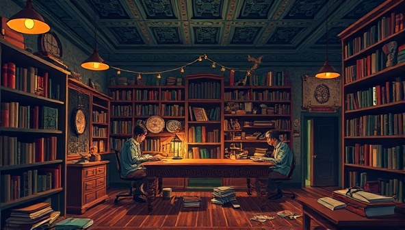 An imaginative illustration of a literary escape room setting, featuring a room filled with bookshelves, mysterious artifacts, and hidden passages, with participants deciphering codes and unraveling secrets to escape, capturing the essence of adventure and intellectual challenge in a literary-themed escape experience.
