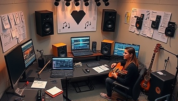 An inspiring image of a virtual music production workshop with participants engaged in creating music tracks on their computers, surrounded by musical instruments, studio equipment, and creative notes, fostering a collaborative and innovative learning environment.