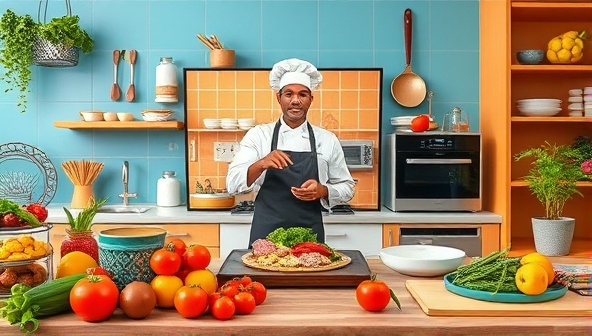 A colorful virtual kitchen setup with a chef demonstrating a cooking technique on a video call, surrounded by a variety of fresh ingredients, cooking utensils, and a digital recipe book, creating a vibrant and interactive culinary atmosphere.