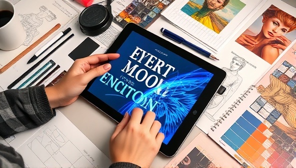 A digital artist creating a stunning e-book cover design on a sleek tablet screen, surrounded by design sketches, color swatches, and inspirational images, illustrating the creativity and precision behind crafting visually appealing digital covers in a modern workspace.