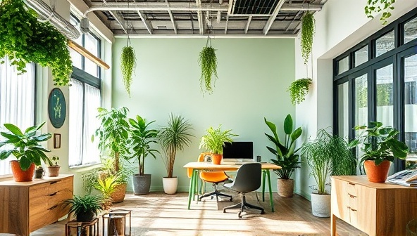 An eco-friendly office space with renewable energy sources, indoor plants, and recycled furniture, reflecting the values and commitment to sustainability of EcoImpact Marketing, creating a vibrant and eco-conscious work environment.