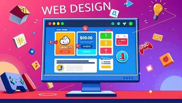 A dynamic and colorful illustration of a game interface on a computer screen, with web design elements integrated into a playful and interactive environment, symbolizing the fusion of gaming and website creation.