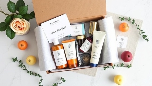 An artistic flat lay of a customizable subscription box with an array of high-quality products neatly arranged, accompanied by a personalized note and decorative elements, conveying a sense of luxury and customization.