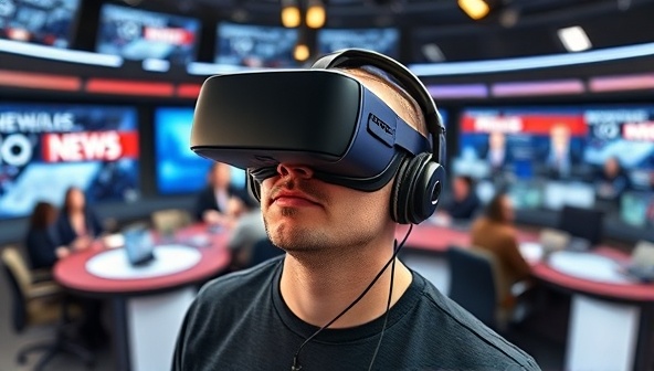 An individual wearing a VR headset, immersed in a virtual newsroom environment with digital screens displaying breaking news updates, reporters engaging with viewers, and a dynamic atmosphere that captures the essence of VR Newswave's immersive broadcasts.