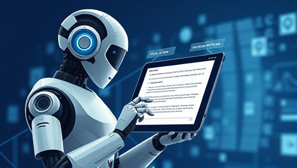 An illustration of a futuristic AI robot scanning a document on a digital tablet, with highlighted errors and suggested corrections displayed on the screen, symbolizing the advanced technology and efficiency of the AI proofreading service.