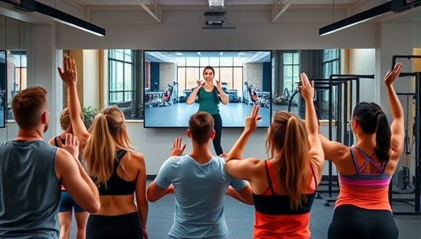 A vibrant and energetic virtual fitness class scene with diverse participants following an instructor on a screen, displaying enthusiasm and motivation, with workout equipment in the background.