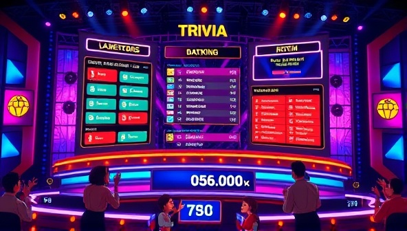An animated graphic showcasing a dynamic live trivia game show interface with colorful question tiles, leaderboard rankings, and enthusiastic players competing in real-time, illustrating the excitement and competitiveness of the interactive gaming experience.
