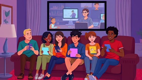 A digital illustration showing a diverse group of friends sitting in a virtual living room environment, each interacting with their devices to make decisions during an interactive movie screening, with animated film characters reacting dynamically to their choices, illustrating a fun and engaging viewing experience.