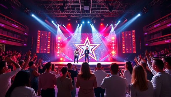 An immersive visual of a virtual talent show stage with vibrant lights, cheering virtual audience members, and talented performers showcasing their skills, creating a dynamic and exciting atmosphere within the TalentSphere platform.