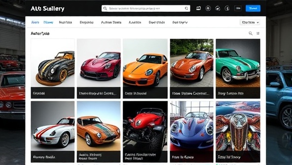 An online gallery showcasing a diverse collection of automotive art pieces, from intricate car sculptures to vibrant custom paint designs, set against a backdrop of classic and modern vehicles, conveying the artistic flair and creative spirit of AutoArtisans Hub's digital marketplace.