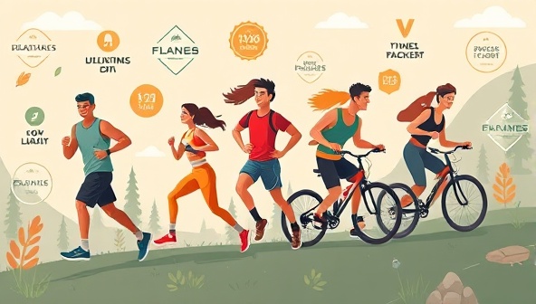 A digital illustration of a diverse group of avatars engaging in outdoor fitness activities like running, cycling, and hiking, surrounded by virtual badges, fitness trackers, and motivational quotes, creating an immersive and adventurous fitness experience that motivates users to stay active and healthy.