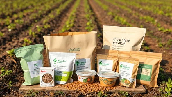 An assortment of eco-friendly packaging products displayed in a farm setting, featuring compostable bags, biodegradable containers, and plant-based labels, conveying a message of sustainability and environmental responsibility in agricultural packaging.