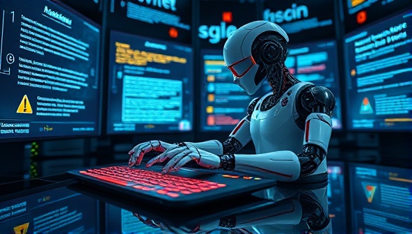 An artistic representation of a futuristic AI-powered robot typing on a sleek keyboard, surrounded by glowing screens displaying various writing styles and content formats, symbolizing efficiency and innovation in content creation.