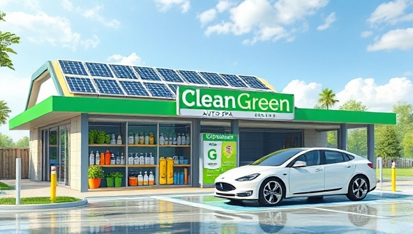 An artistic rendering of CleanGreen Auto Spa's eco-friendly car wash facility, featuring solar panels on the roof, biodegradable cleaning products displayed on shelves, and a shiny electric car being washed with water-saving techniques, illustrating the spa's commitment to sustainability and green car care.