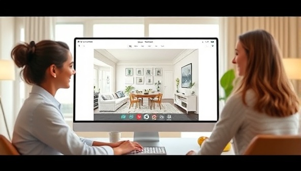An artistic digital rendering of a virtual interior design consultation session, with a designer presenting a mood board and room layout concept on a computer screen to a client, showcasing the creative and personalized approach of DesignVision Virtual.