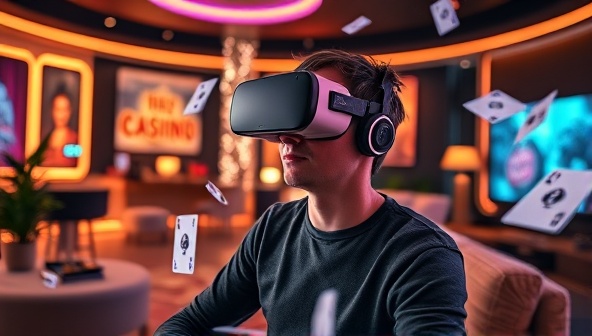 A futuristic living room setup with a person wearing a VR headset, fully immersed in a virtual casino environment with digital cards floating around, creating a visually captivating and engaging experience.