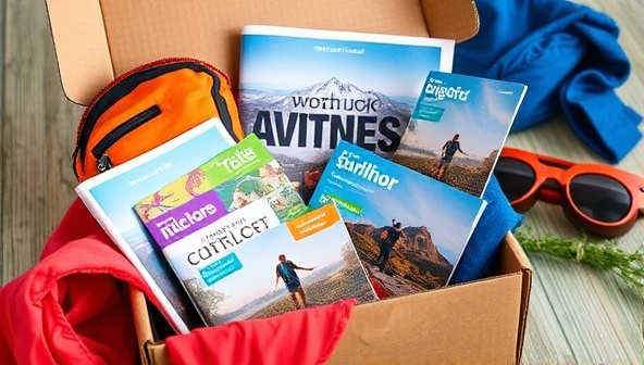An action-packed subscription box featuring vibrant outdoor gear, adventure guides, and a sneak peek of thrilling destinations, evoking a sense of anticipation and excitement for the next adventure.