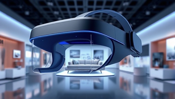 A futuristic and sleek virtual reality headset displaying a lifelike furniture showroom environment, with digital furniture pieces floating in a digital space, highlighting the innovative and immersive shopping experience.