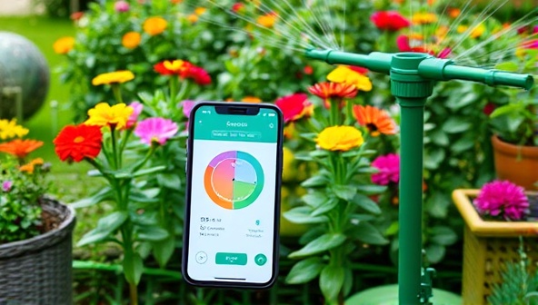 An image of a lush garden with the GreenSprout smart irrigation system installed, showcasing vibrant flowers and healthy plants being watered efficiently, with a smartphone displaying the control app in the foreground.