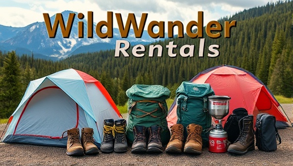 An outdoor adventure scene featuring a collection of rental gear items like tents, backpacks, hiking boots, and camping stoves displayed against a backdrop of scenic mountains and lush forests, capturing the spirit of exploration and wilderness adventures, embodying the essence of WildWander Rentals.