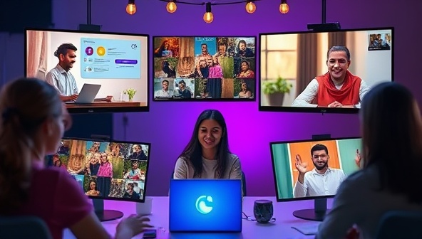 An engaging digital scene depicting individuals from different cultural backgrounds participating in virtual workshops, attending live cultural performances, and interacting with local hosts via video calls, creating a vibrant and interconnected cultural experience through technology.