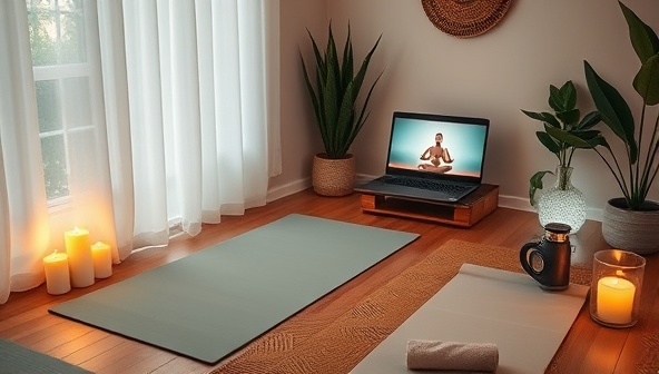 A tranquil and serene virtual retreat setup with a cozy corner featuring yoga mats, scented candles, relaxing music, and a laptop streaming a meditation session, creating a peaceful ambiance for a rejuvenating wellness experience at home.