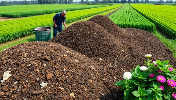 An industrial composting facility processing agricultural waste into nutrient-rich organic compost, with workers turning and monitoring the compost piles, surrounded by lush green fields and blooming flowers, showcasing the transformative power of waste recycling in agriculture.