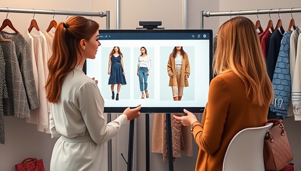 An artistic representation of a virtual personal styling session, featuring a stylist and a client discussing fashion looks on a digital screen, surrounded by clothing racks and accessories, conveying style expertise and personalized fashion advice.