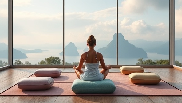 An online mindfulness workshop setup with serene visuals, meditation cushions, and calming nature sounds in the background, promoting relaxation and mental well-being through virtual travel-inspired mindfulness experiences.