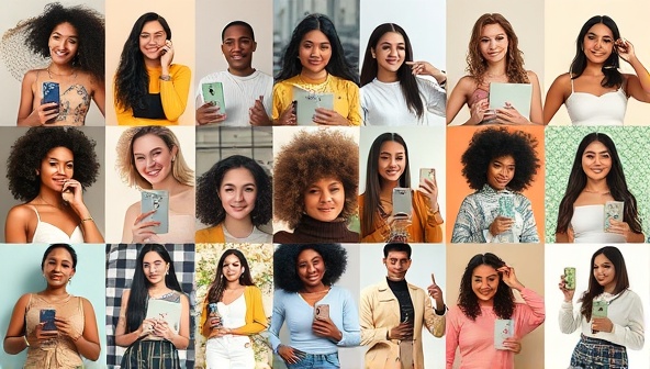 An artistic collage of diverse influencers creating content for various brands, showing a mix of fashion, lifestyle, and wellness themes to portray authenticity and diversity in influencer marketing.