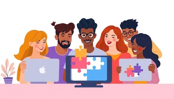 An illustration of a diverse group of friends collaborating online, each interacting with a different puzzle element on their screens, showcasing teamwork and virtual engagement.