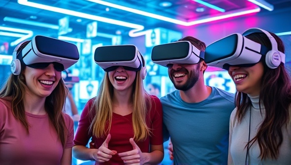 A group of friends wearing VR headsets, laughing and strategizing together in a visually captivating digital escape room filled with futuristic puzzles and challenges.