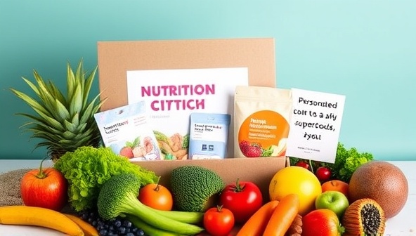 An enticing and vibrant nutrition subscription box displayed with colorful fruits, vegetables, and superfoods, alongside a personalized meal plan card and a motivational quote, creating a visually appealing and health-focused image.