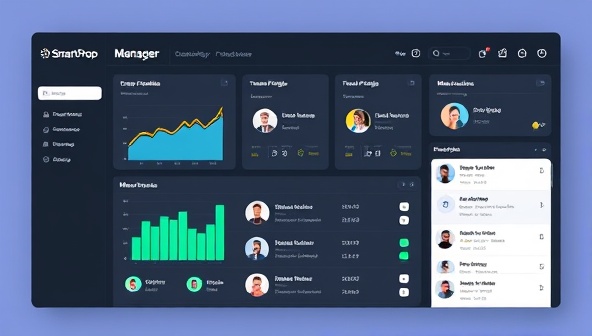 A sleek and modern dashboard of the SmartProp Manager software displaying property performance metrics, tenant profiles, and maintenance requests, showcasing the user-friendly interface and comprehensive functionality of the platform.