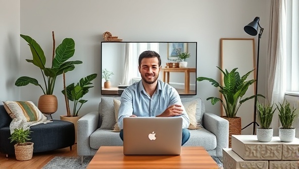 A virtual consultation setup showcasing a person engaging with a client via video call, surrounded by energy-efficient gadgets and sustainable home decor, conveying a modern and environmentally conscious lifestyle.