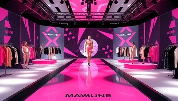 A virtual fashion show environment showcasing a digital runway with 3D models presenting the latest collections, interactive elements for users to explore designs, and virtual shopping features for direct purchase of showcased items, creating an immersive and engaging fashion experience.