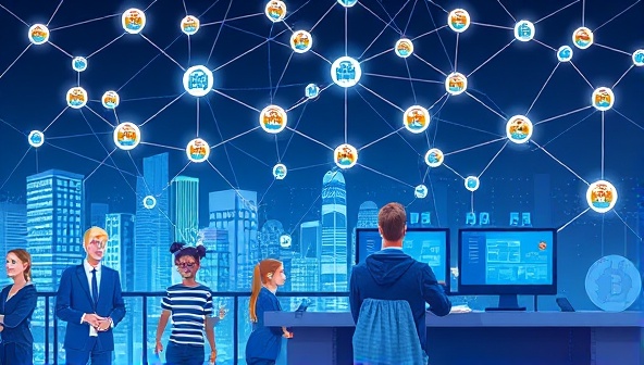 An intricate blockchain network visualized as a modern digital cityscape with interconnected reward nodes, a diverse group of customers enjoying personalized rewards, and a business owner monitoring transactions on a secure blockchain platform, symbolizing trust and innovation.