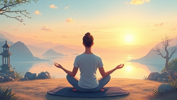 An immersive digital illustration showcasing a user meditating in a serene virtual environment surrounded by calming nature scenes and tranquil soundscapes, highlighting the relaxation and mental clarity offered by Mindful Moments' meditation app.