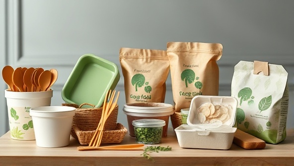 A series of eco-friendly packaging products displayed in a professional setting, featuring biodegradable containers, compostable utensils, and recyclable packaging with nature-inspired graphics, conveying a commitment to sustainability in the food industry.
