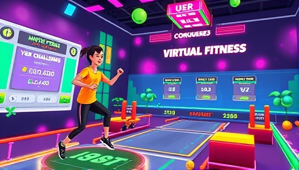 An animated graphic showcasing a user avatar conquering virtual fitness challenges in a colorful and dynamic game environment, highlighting the fun and motivational aspects of the app.