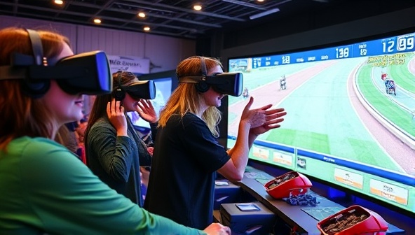 A virtual horse racing simulator setup with customers wearing VR headsets, immersed in realistic race simulations, cheering on their virtual horses, and placing bets on the outcomes, capturing the excitement and competitive spirit of Ride2Victory Club.