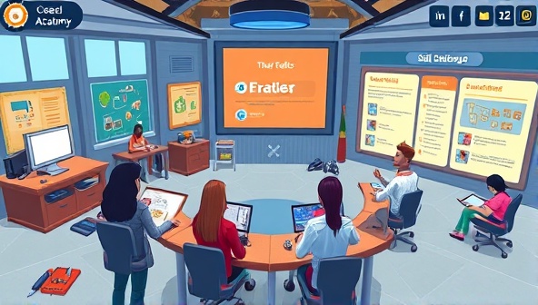 An educational gaming environment featuring a virtual academy setting with interactive lessons, skill challenges, and progress trackers, where avatars engage in learning activities, receive feedback, and level up their skills, symbolizing the transformative and empowering experience of SkillForge Academy.
