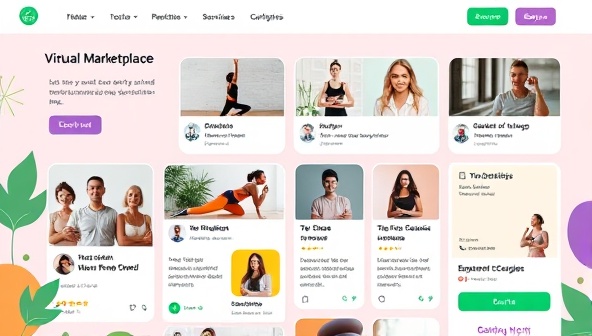 A vibrant virtual marketplace interface showcasing a variety of wellness services, from yoga classes to nutrition consultations, with user testimonials, expert profiles, and a seamless booking system, promoting accessibility and diversity in virtual health and wellness offerings.