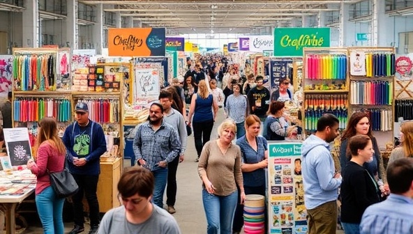 A bustling craft fair scene with colorful stalls showcasing handmade goods, artisanal products, and interactive DIY workshops in progress, with attendees exploring the market, engaging with artists, and immersing themselves in the vibrant CraftVibe Markets atmosphere of creativity and craftsmanship.