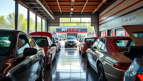 A vibrant drive-thru scene showcasing cars lining up for maintenance services while customers inside the cafe enjoy gourmet coffee and pastries, creating a dynamic and bustling atmosphere that highlights the unique blend of car care and cafe experience at PitStop Drive & Sip.