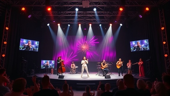 An artistic virtual stage with spotlights shining on a diverse range of performers showcasing their talents through videos, with virtual applause and comments from viewers, creating a vibrant and interactive online talent show atmosphere.